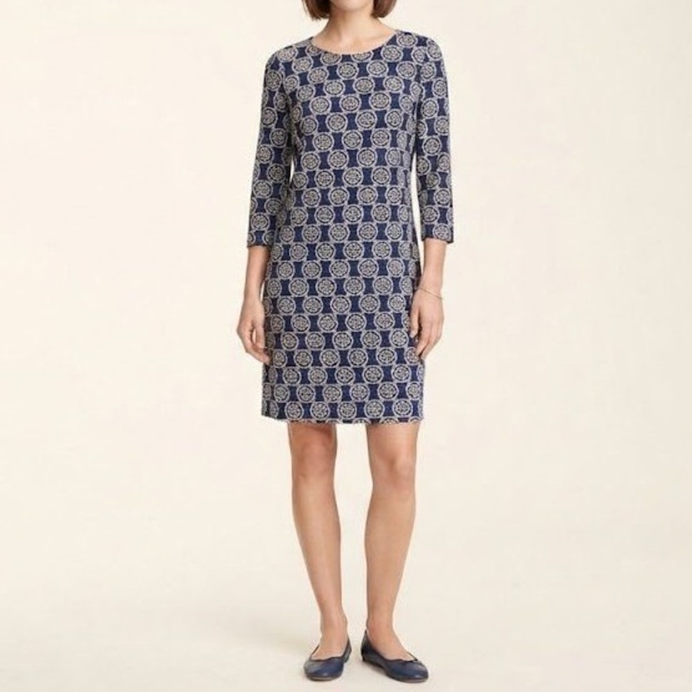 Lulu-B Shift Dress Womens Large Navy Blue Geometric Print 3/4 Sleeve 4463